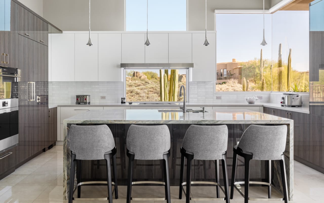 White and grey modern Contemporary kitchen with sleek detailing and catcti outside.